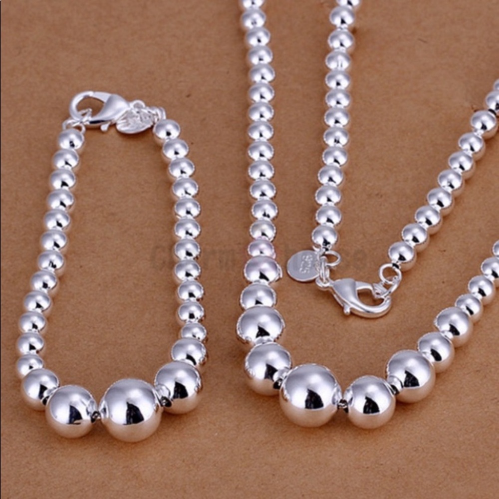 STERLING SILVER BEADED BALL MATCHING NECKLACE BRACELET SET